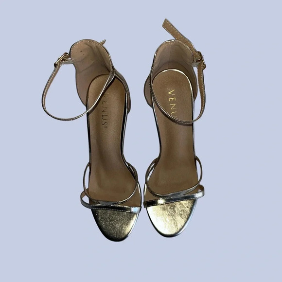 VENUS Gold Metallic Ankle Strap Heels – Stiletto Sandals Size 8 - Picture 5 of 8